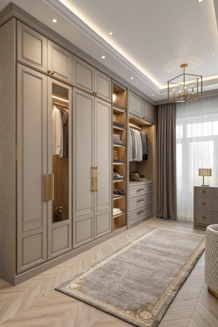 A wardrobe run finished flush with the wall panelling, without handles or visible edges.